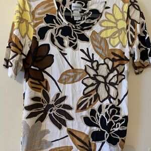 Chico's Floral Print Top - Yellow, Brown, Black, White